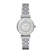 Emporio Armani Damenuhr AR1908 – Edelstahlgehäuse, silbernes Zifferblatt, Kristallakzente, Mesh-Armband, Quarzwerk, wasserfest