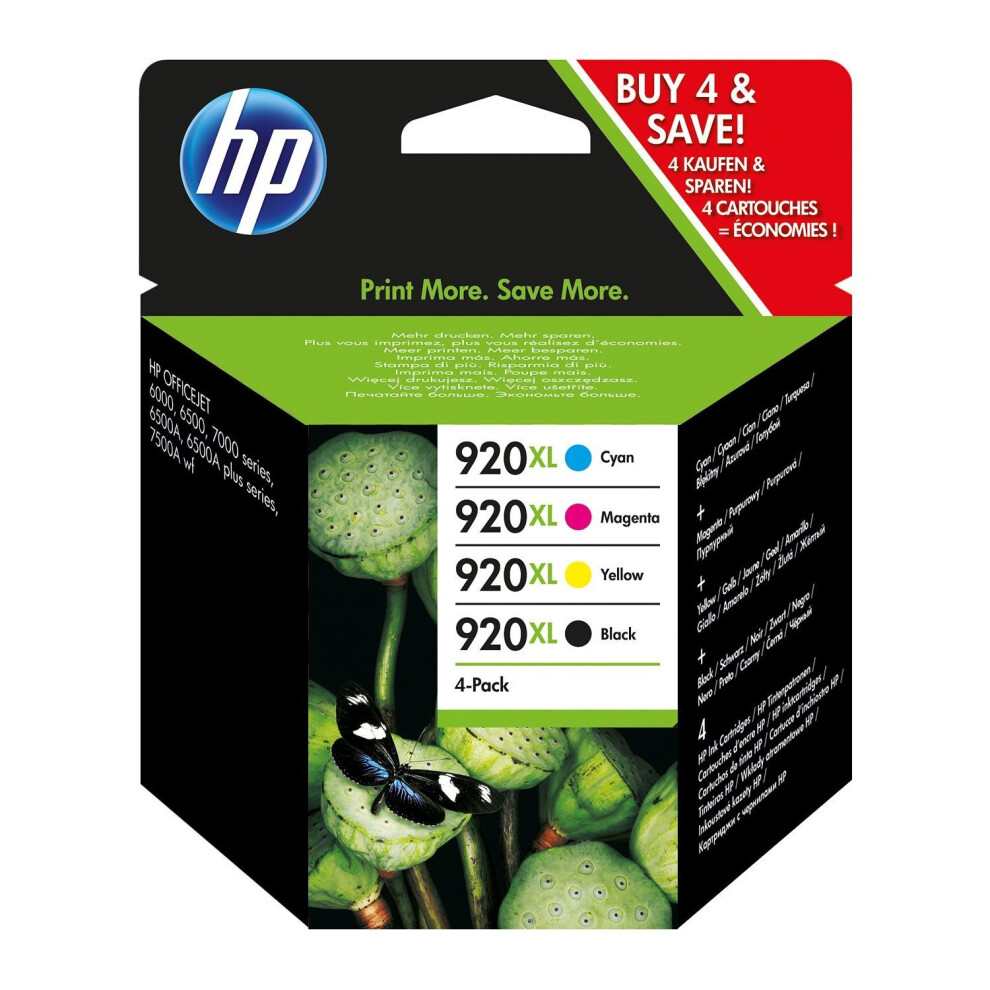 4pk HP 920XL High Yield Black, Cyan, Magenta & Yellow Ink Cartridges