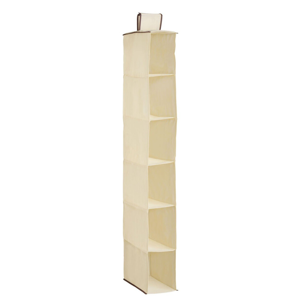 PF-1901133 6-Section Hanging Shoe Organiser, Cream with Brown Trim, hook and loop Rail Attachment, Folds Flat for Compact Storage