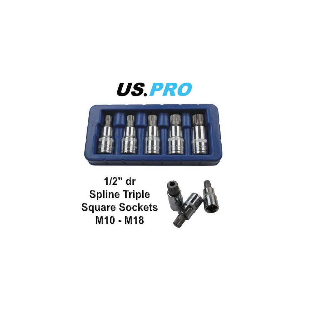 US PRO 5 Piece 1/2" Drive Spline Triple Square Bit Sockets M10 - M18