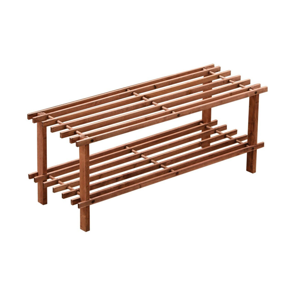 2 Tier Slatted Shoe Rack, Dark Cedar Wood