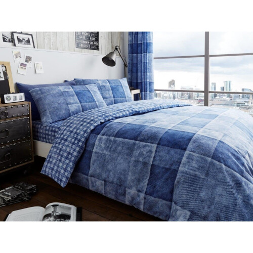 (King, Blue) Denim Check Duvet Cover Bedding Set