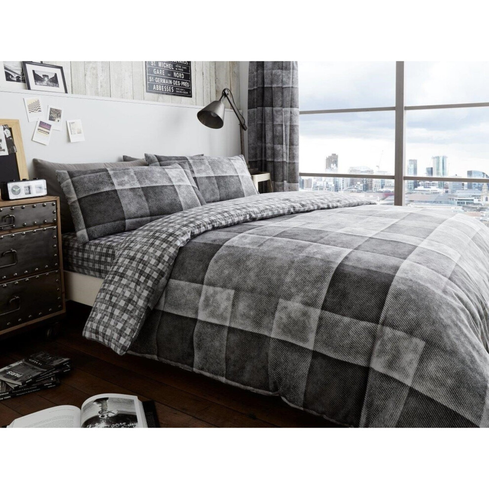 (King, Grey) Denim Check Duvet Cover Bedding Set