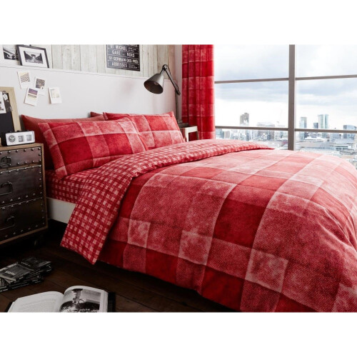 (Single, Red) Denim Check Duvet Cover Bedding Set