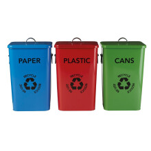 Set of 3 Recycle Logo Bins, 26L Galvanized Steel Recycle Bins for Paper, Plastic, and Cans, Kitchen Bin