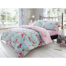 (King, Blue) Birdie Blossom Floral Duvet Covet Bedding Set