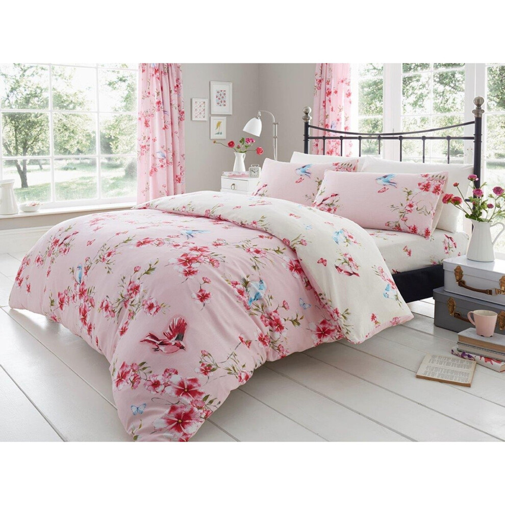 (King, Pink) Birdie Blossom Floral Duvet Covet Bedding Set