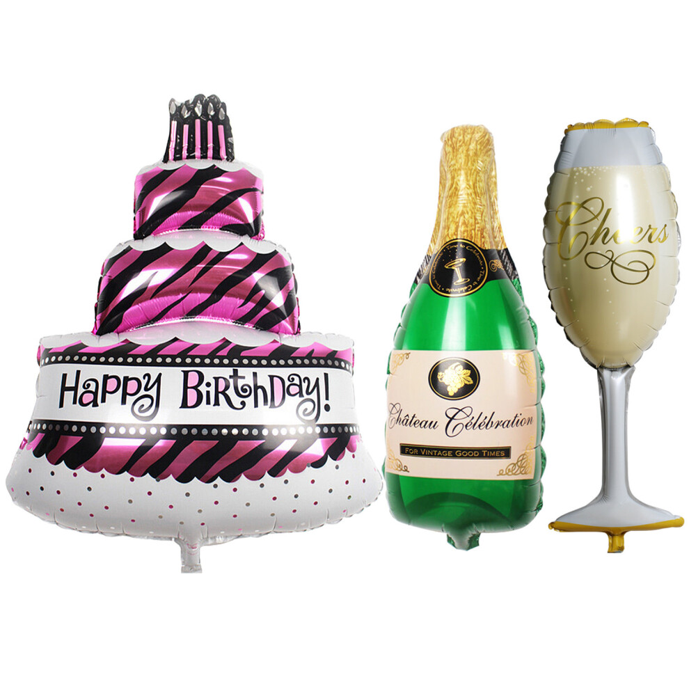 TRIXES Set of 3 Birthday Party Balloons as Cake Champagne and Glass