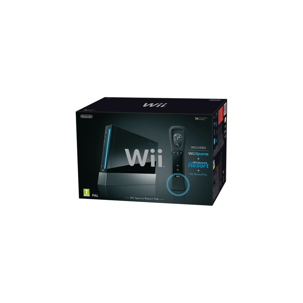 Nintendo Wii Console (Black) with Wii Sports + Wii Sports Resort and Motion Plus Controller (Wii)