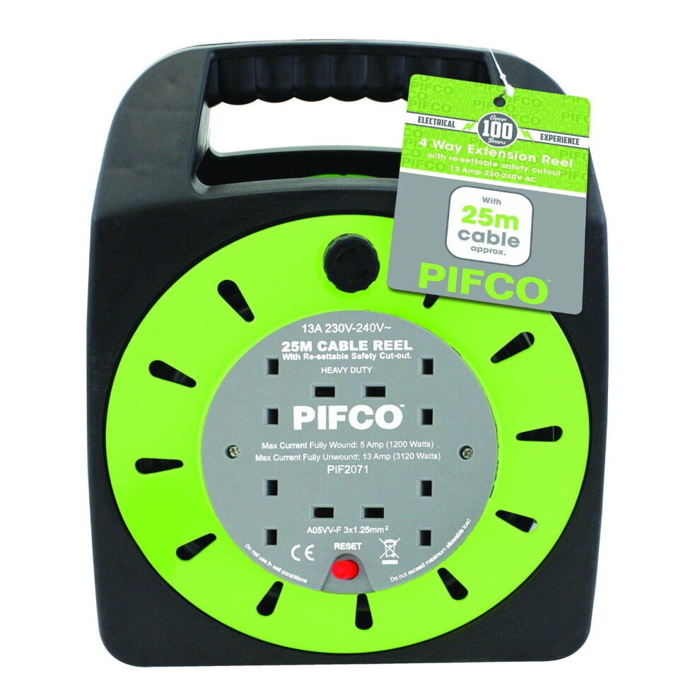 25M PIFCO Mains Power Extension Cable Reel 4 Socket/Freestanding-Green/Heavy Duty