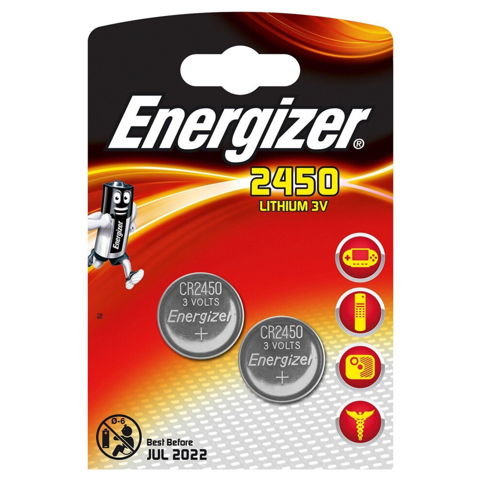 2-Pack Energizer CR2450 3V Lithium Coin Cell Battery - Long-lasting power for heart rate monitors, keyless entry, toys