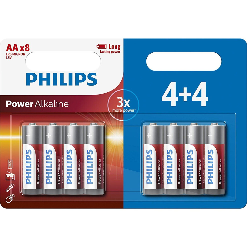 8 x Philips AA Power Alkaline LR6 Long Lasting Batteries