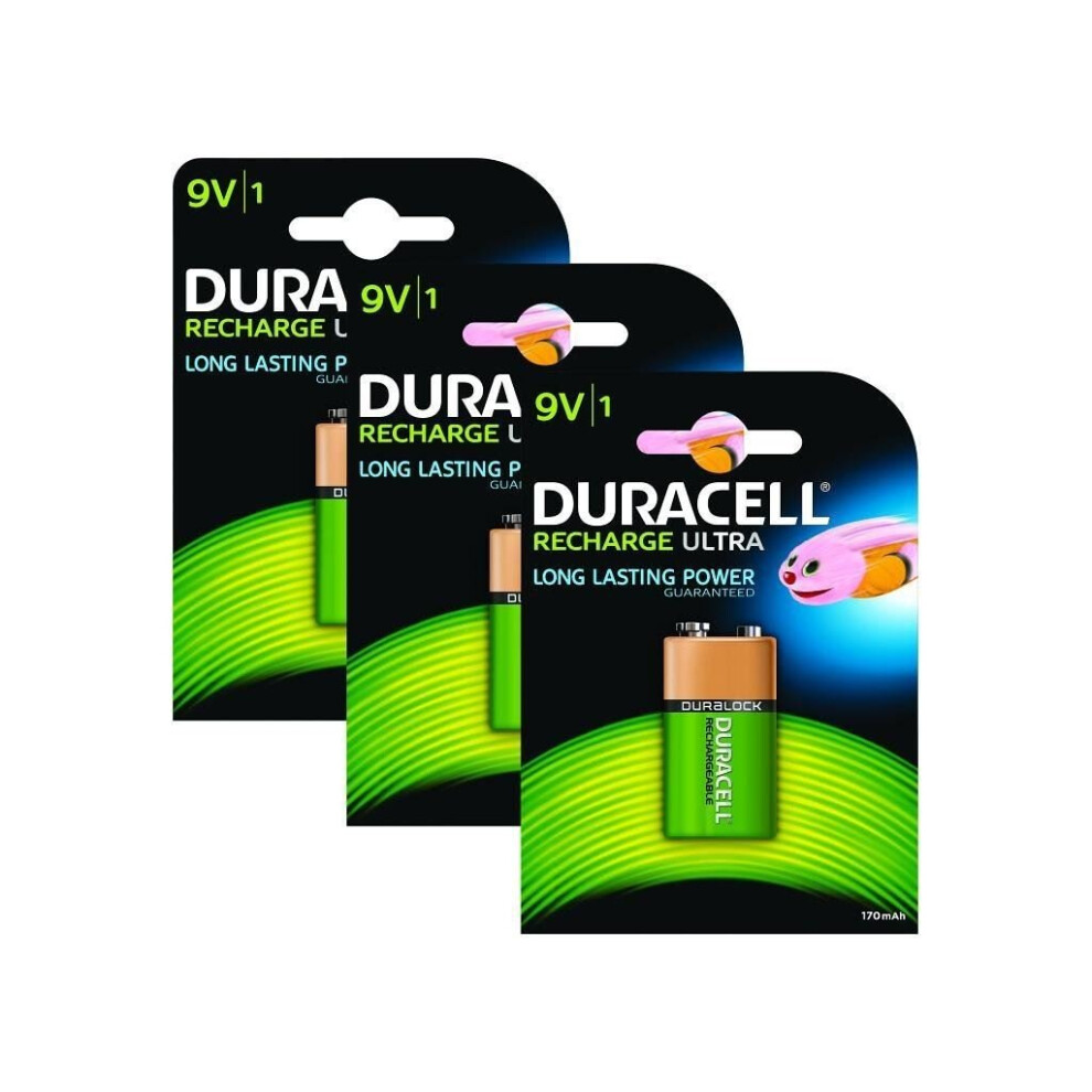 3 x Duracell 9V PP3 Block 170 mAh Rechargeable Batteries HR22 6LR61 HR9V DC1604
