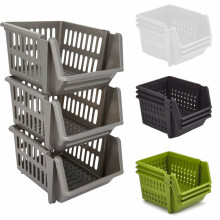 (Silver) Set of 3 Stackable Storage Basket Kitchen Fruit Vegetable Stacking Container Box