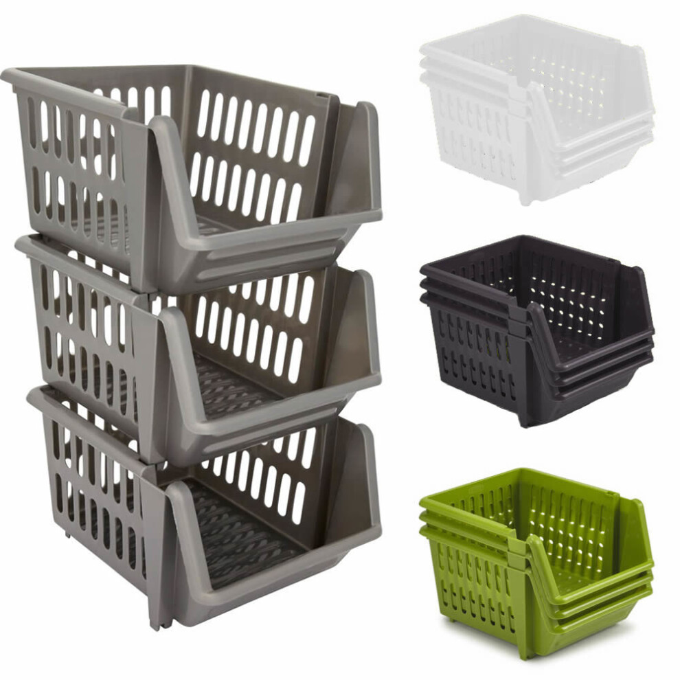 (Black) Set of 3 Stackable Storage Basket Kitchen Fruit Vegetable Stacking Container Box