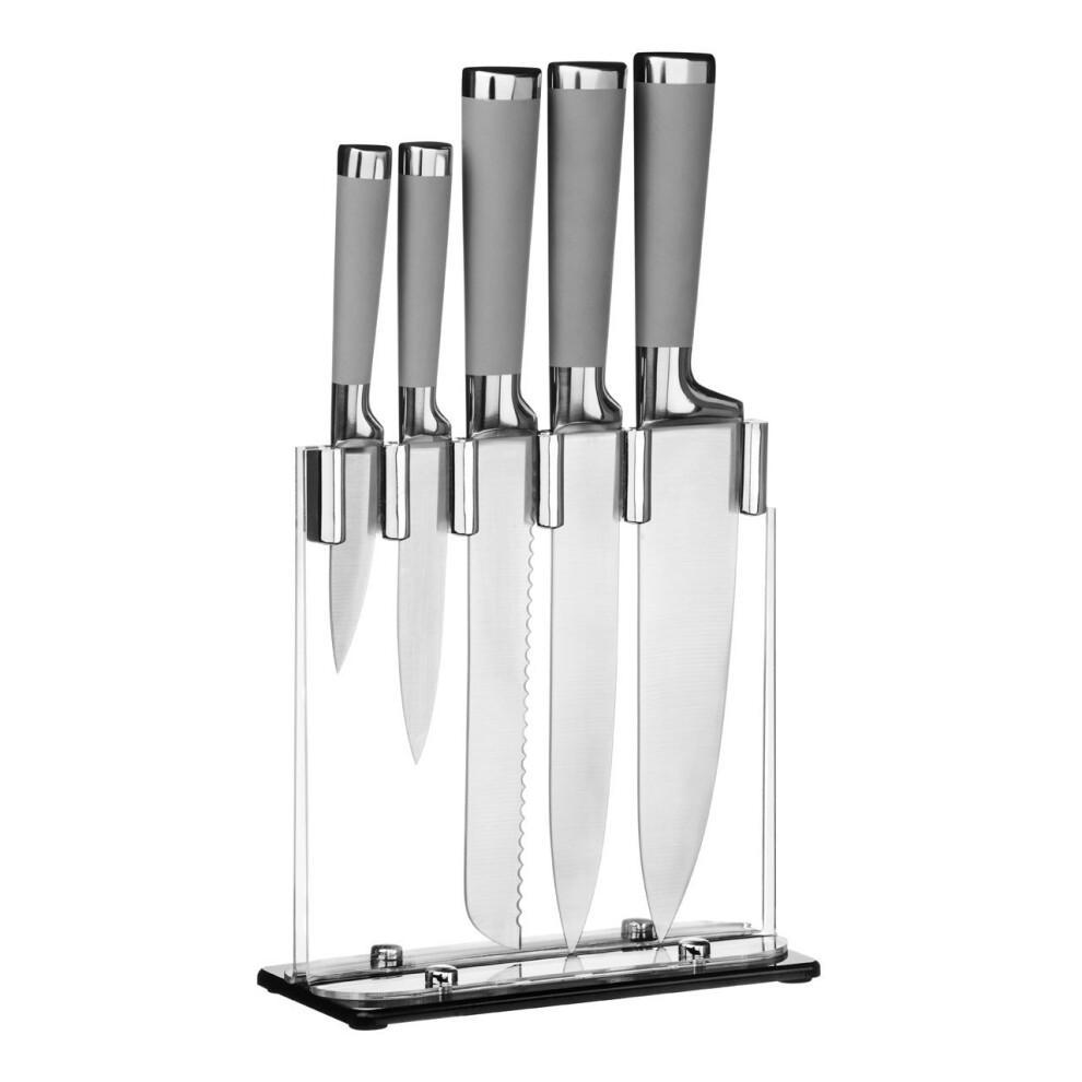 5pc Premier Housewares Grey Knife Set With Clear Storage Block