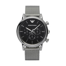Montre Emporio Armani AR1808 pour hommes - acier inoxydable, quartz, cadran noir, chronographe et date, 45 mm, bracelet acier, 50 m