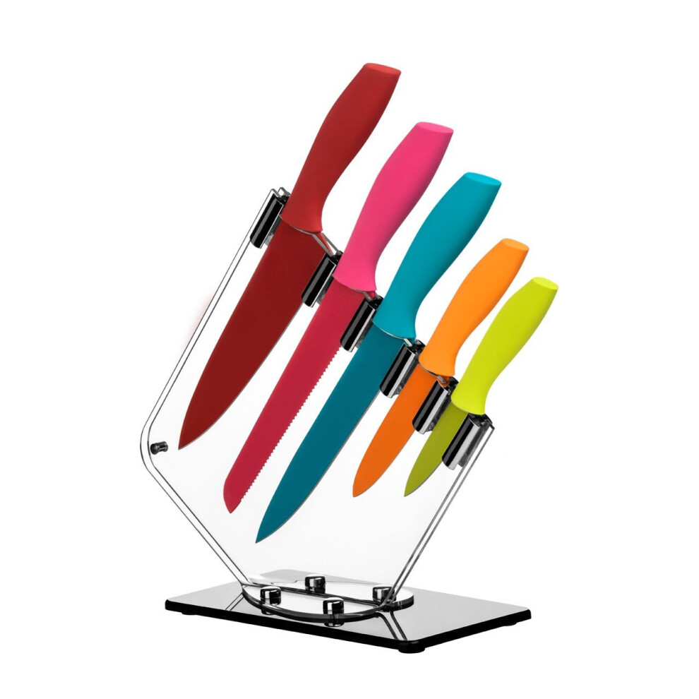 5Pc Knife Set With Acrylic Block, Multi-coloured