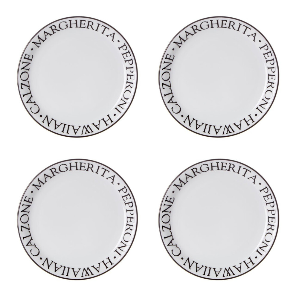Monochrome Set of Four Pizza Plates,Porcelain Black Embossed Plates With Raised Edges,Easy-to-Clean Crockery