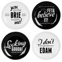 Set Of Four Cheese Plates,Black & White Cheese Board Plates For Kitchen,Serving Plates With Cheese Slogans