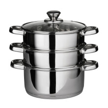 PF-0408129: Interiors by Premier 3-Tier Rice Steamer Stainless Steel with Glass Lid, 6 Handles - Healthy, Easy Cooking