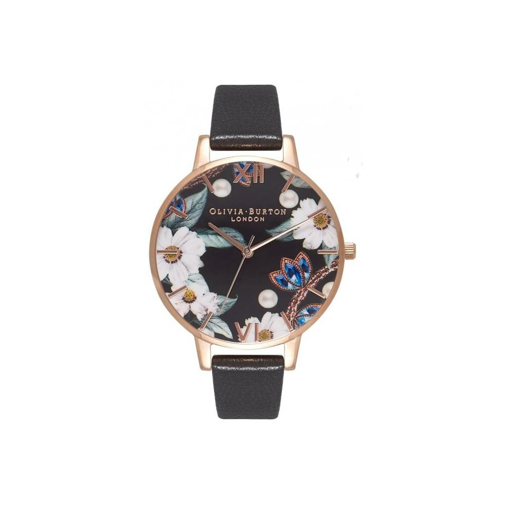 Watch Olivia Burton OB16BF04 Watch bejeweled FLORALS Black Leather Woman