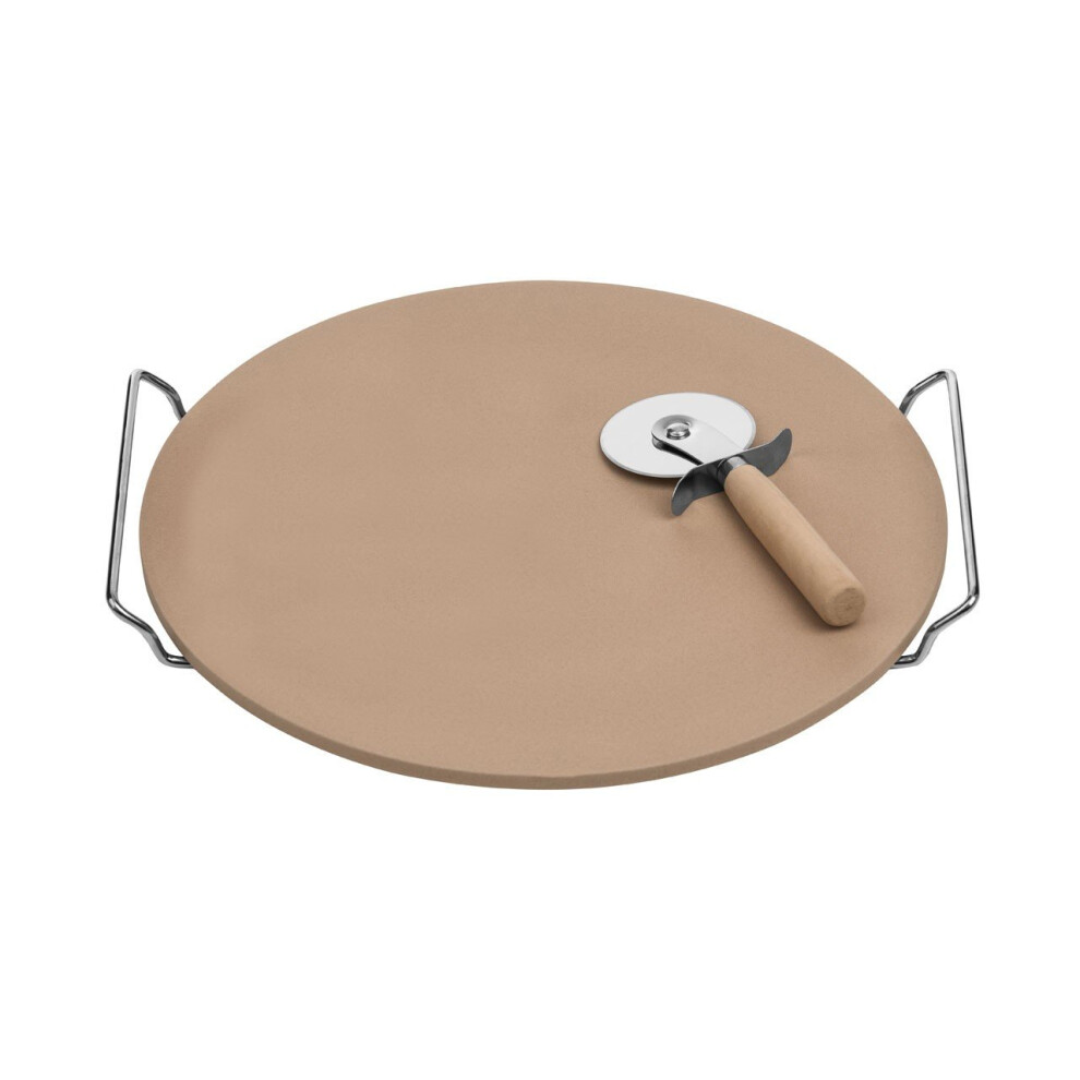 Pizza Stone And Cutter Set With Chrome Stand, Stoneware, Natural