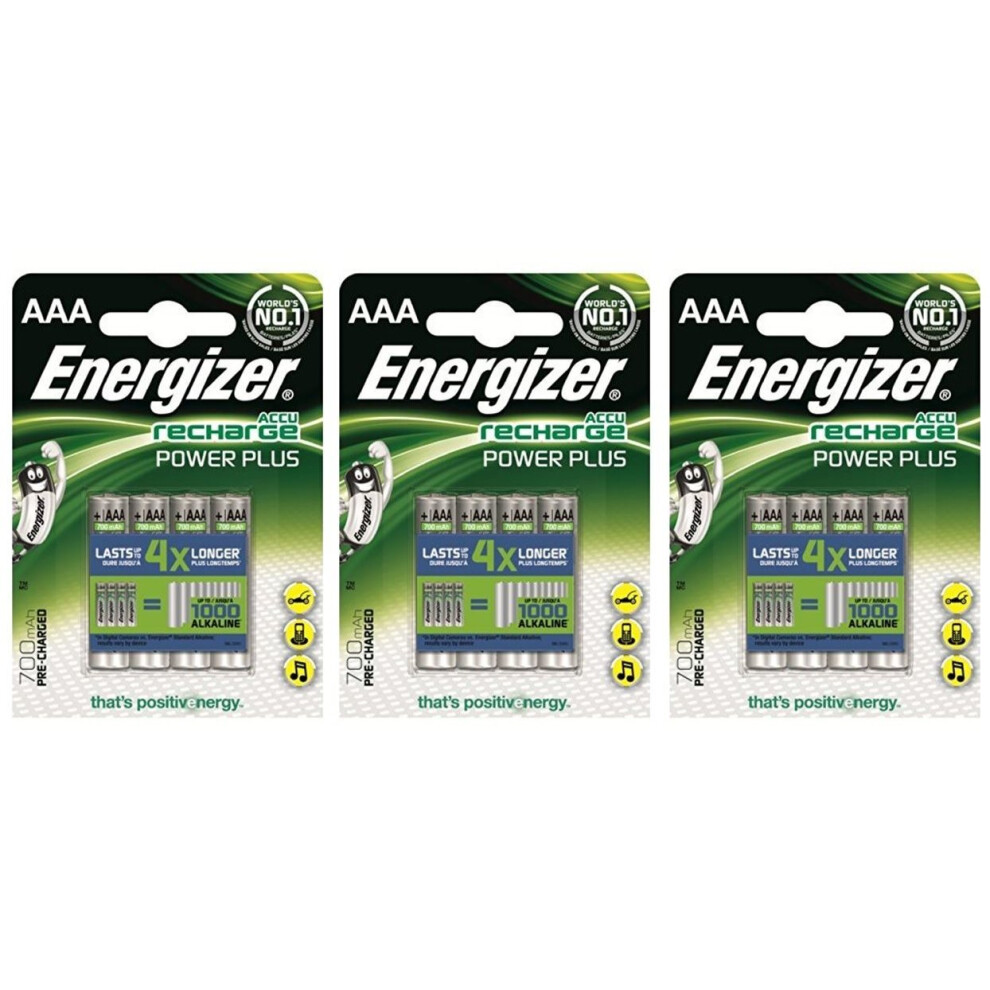 12 x Energizer AAA Rechargeable Power Plus Batteries mAh NiMH 700mAh LR03 HR03