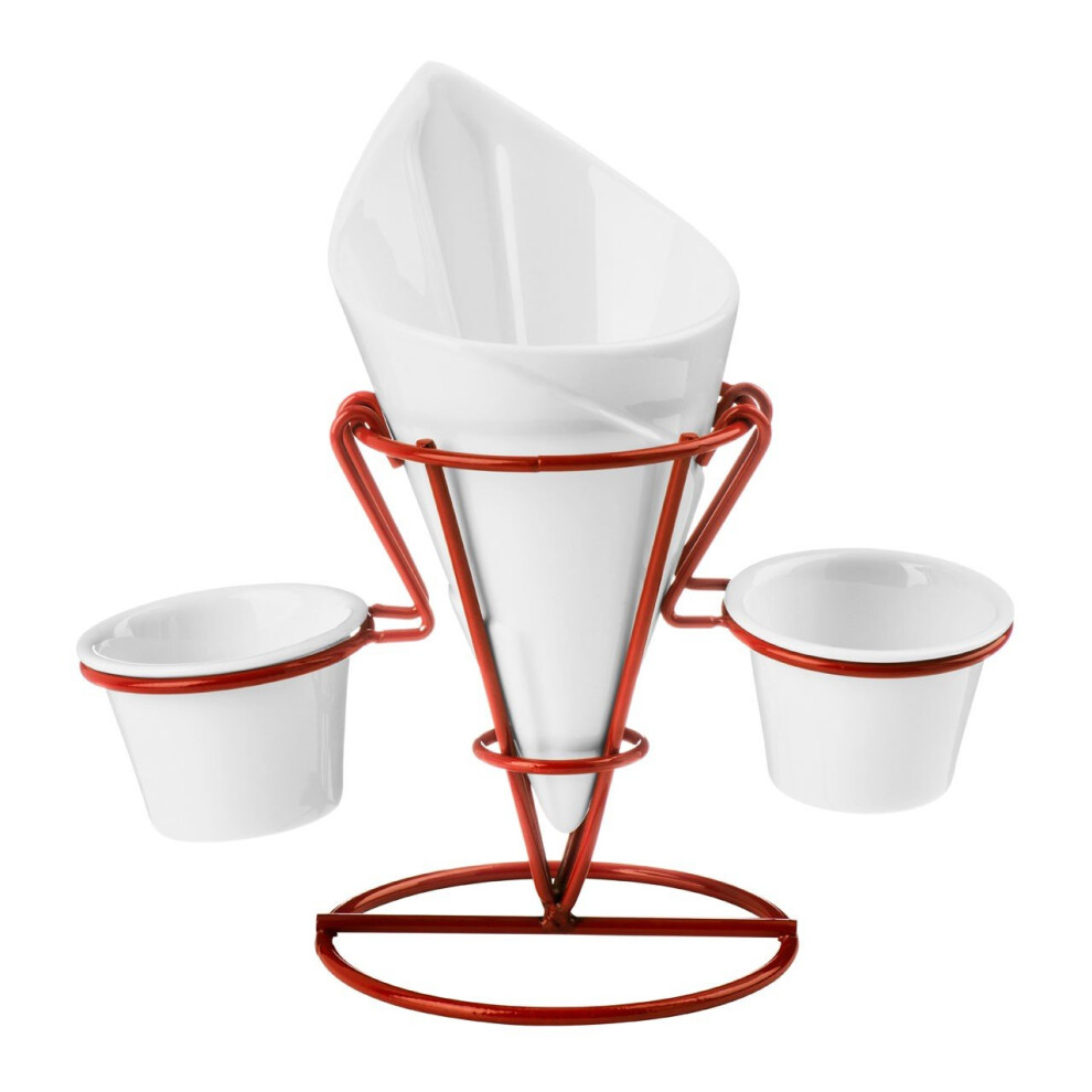French Fry Cone with Stand and Two Dip Dishes - White/Red