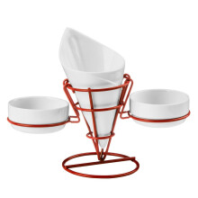 French Fry Cone with Stand and 2 Shallow Dip Dishes - White/Red