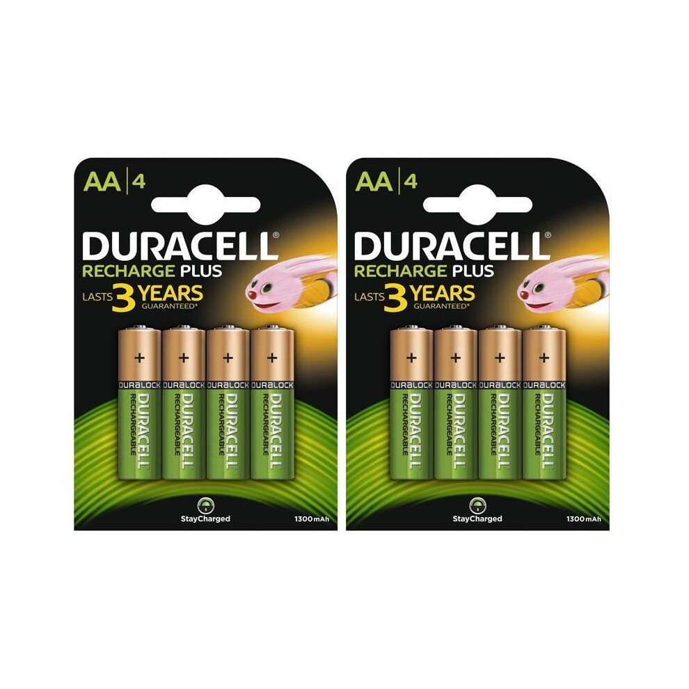 8 X Duracell 1300mAh AA Size Rechargeable Batteries