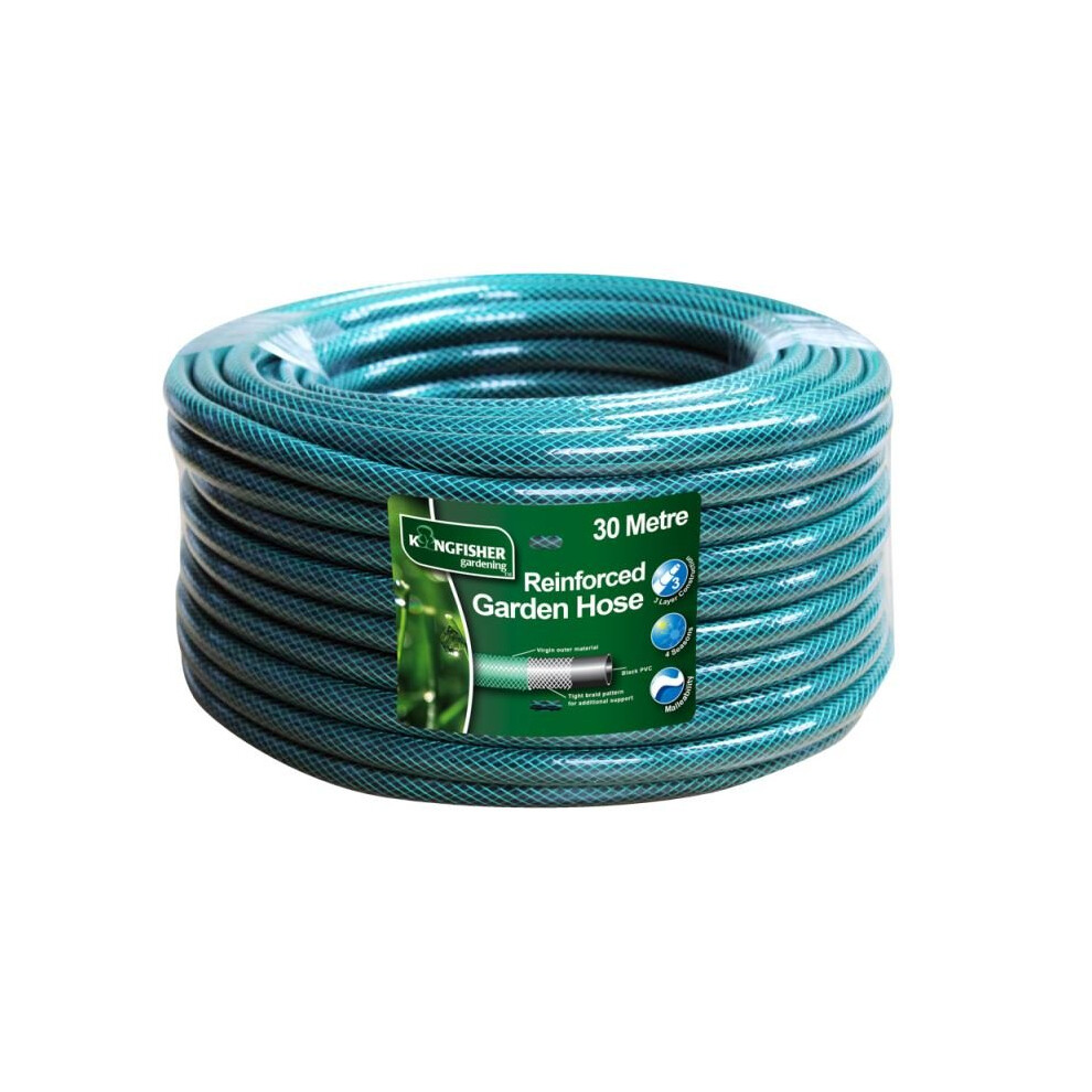 Kingfisher 30 Metre Reinforced Green Garden Hose - Four-Layer, Flexible, Durable, Quality Outdoor Watering