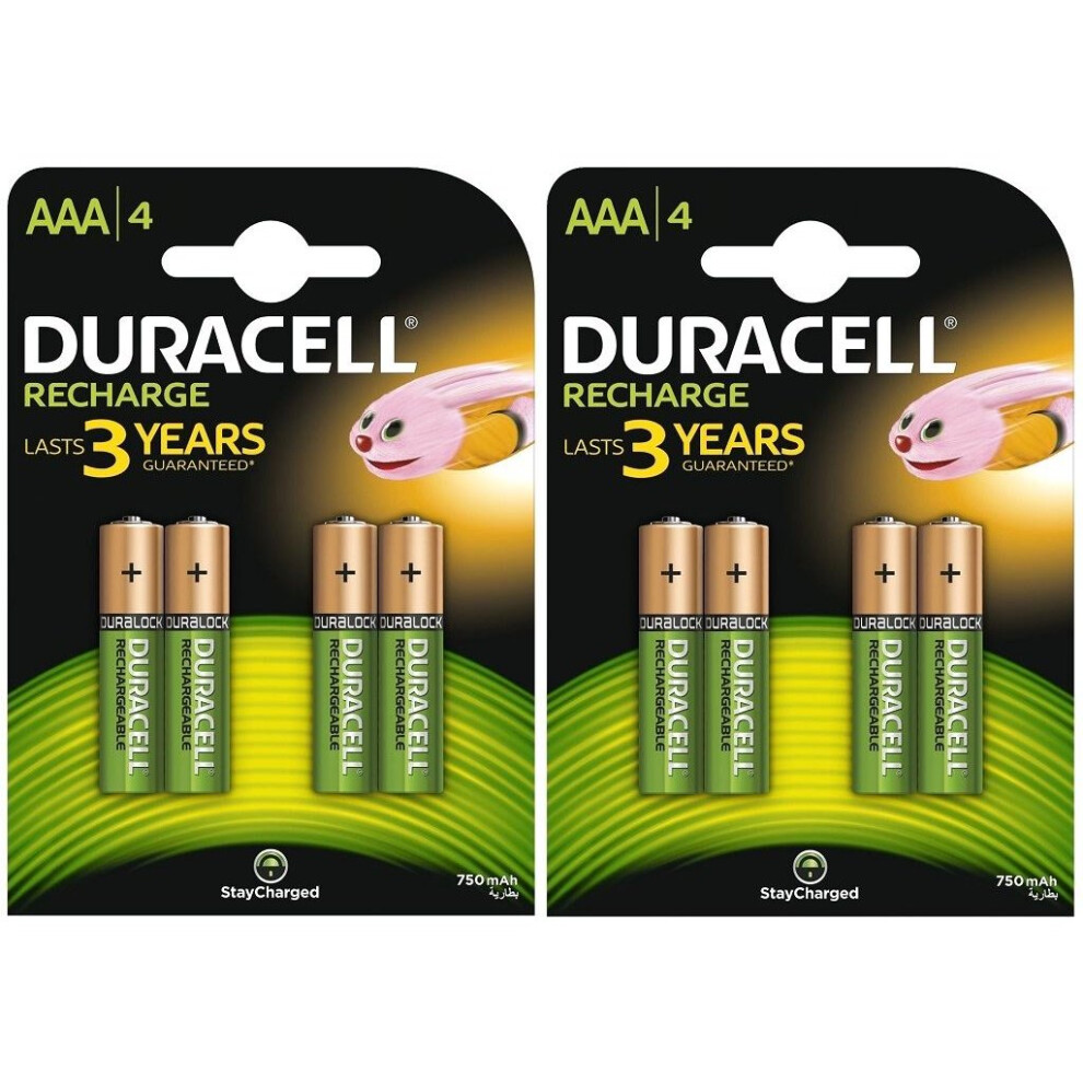 8x Duracell 750mAh AAA NiMH Rechargeable Batteries – High-Performance, Compatible with Duracell Chargers