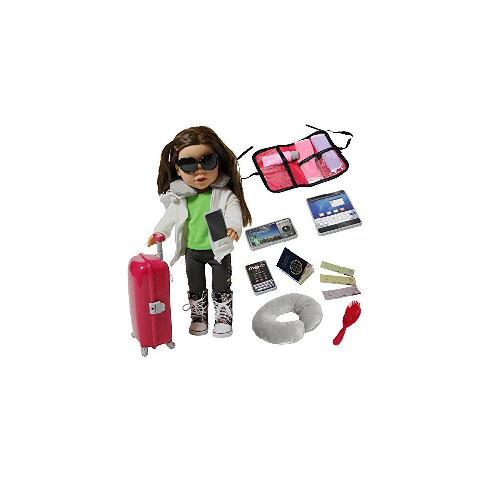 Doll Travel Suitcase with Accessories - Travel Set for 18 inch Dolls with Travel Pillow, Passport and accessories