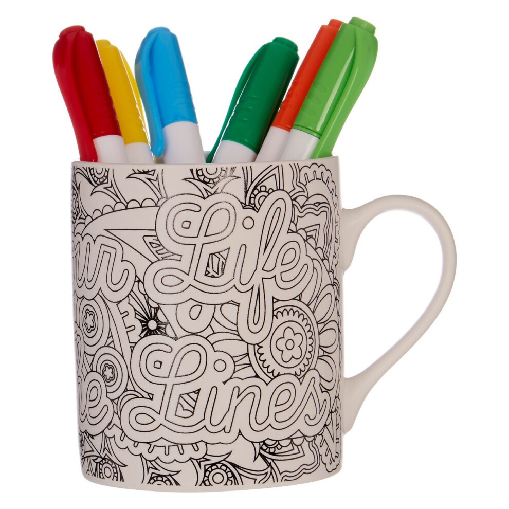 Premier Housewares Colour Your Life Outside The Lines In Mug,Bone China Mug With Floral Design & Six Colouring Pens,Coffee Cup
