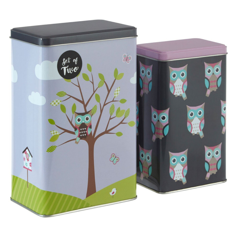 Happy Owls Storage Canisters, Multi-Coloured, Set Of 2