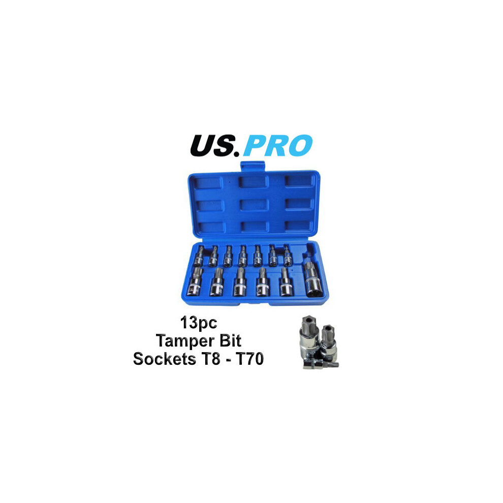 US PRO 13pc Torx Star Bit Socket Set - Tamper Bit Sockets T8 - T70