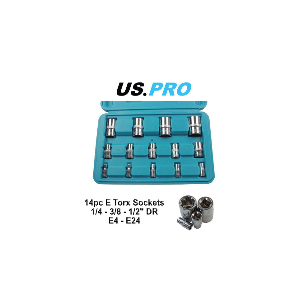 US PRO 14pc E-Torx Socket Set 1/4-3/8-1/2 in Drives (E4-E24), Chrome Vanadium, Knurled Grip, Blow Molded Case 1694