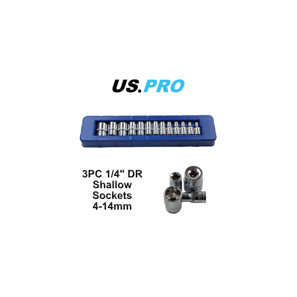 US PRO 13pc 1/4 Drive 6 Point Shallow Sockets 4 - 14mm 2077