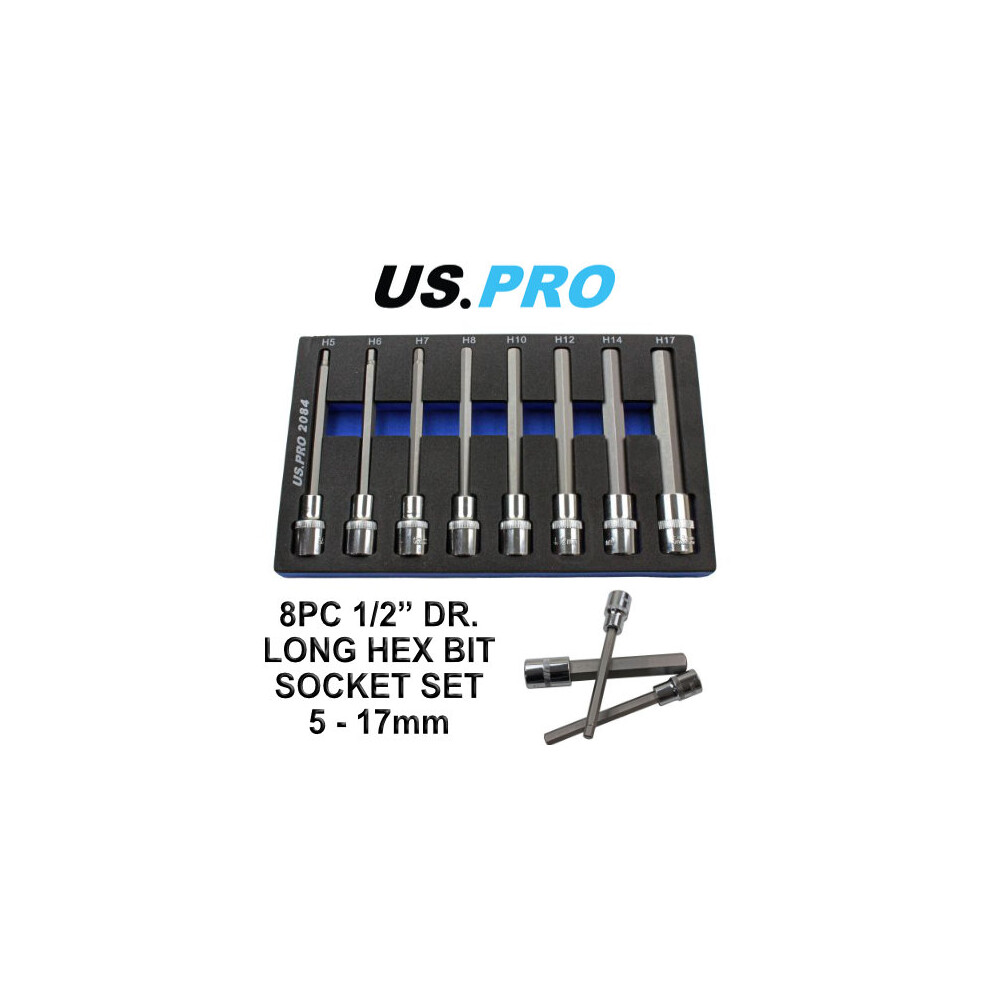 US PRO 8pc 1/2Dr 140mm Long Hex Bits Sockets Key Set Allen 5 - 17mm