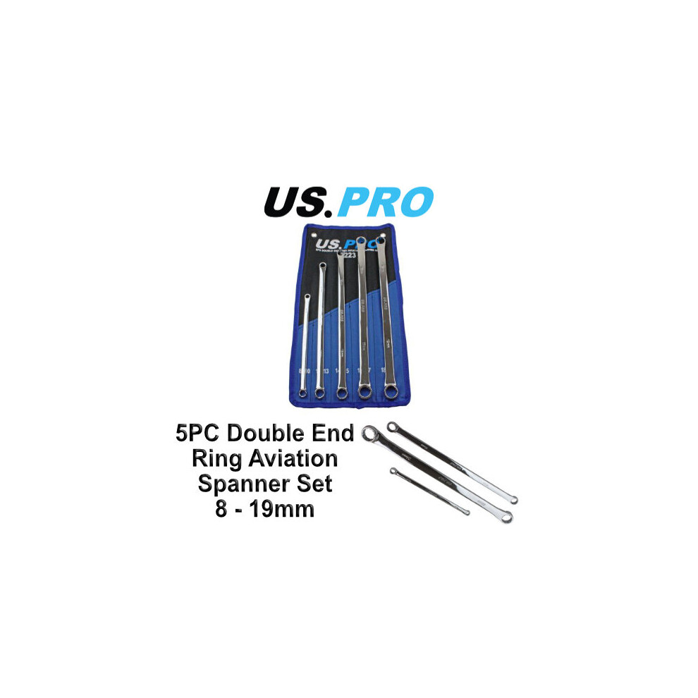 US PRO 5pc Aviation Double Ended Ring Extra Long Spanner Set 8 - 19mm