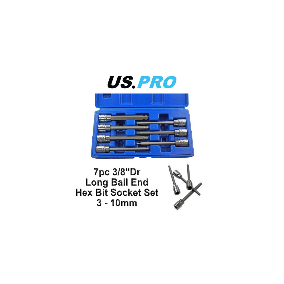 US PRO 7pc 3/8"Dr Long Ball End Hex Bit Socket Set 3 - 10mm Allen Key