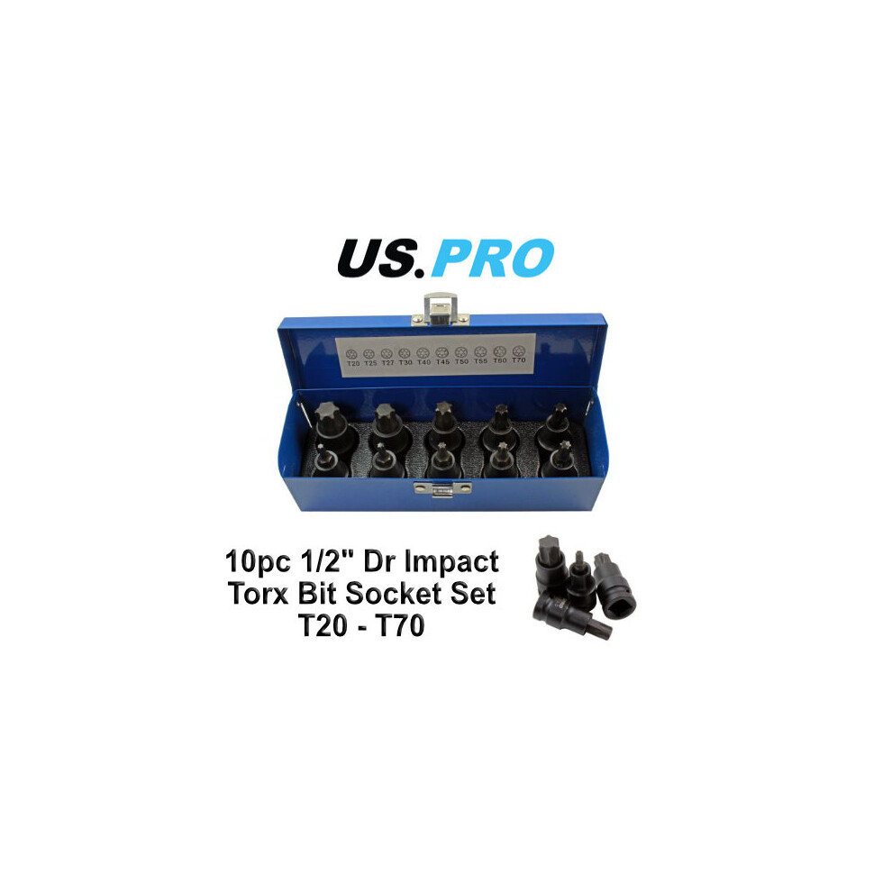 Us Pro 10Pc 1/2"Dr Impact Torx Bit Socket Set T20 - T70 2087 5060478385684