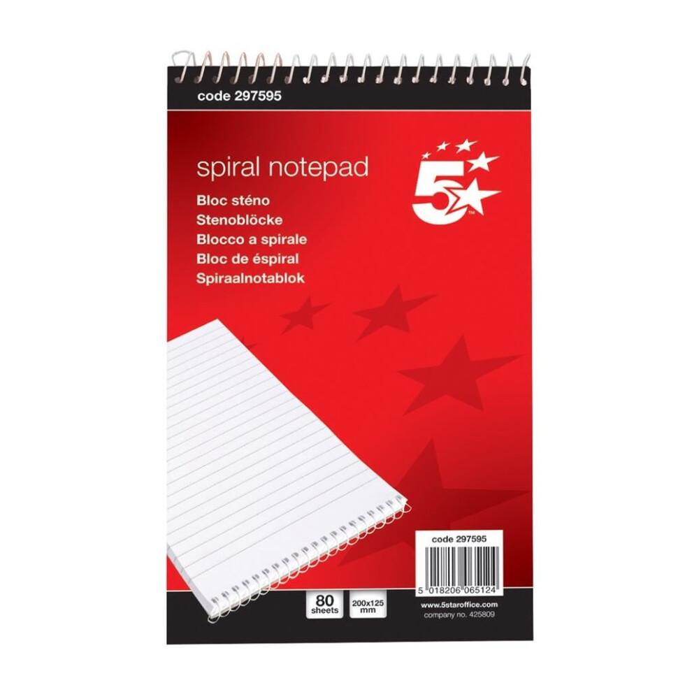 5 Star Office Spiral Headbound Ruled Notepad - 127X200mm - 160 Pages - Pack Of 10 White
