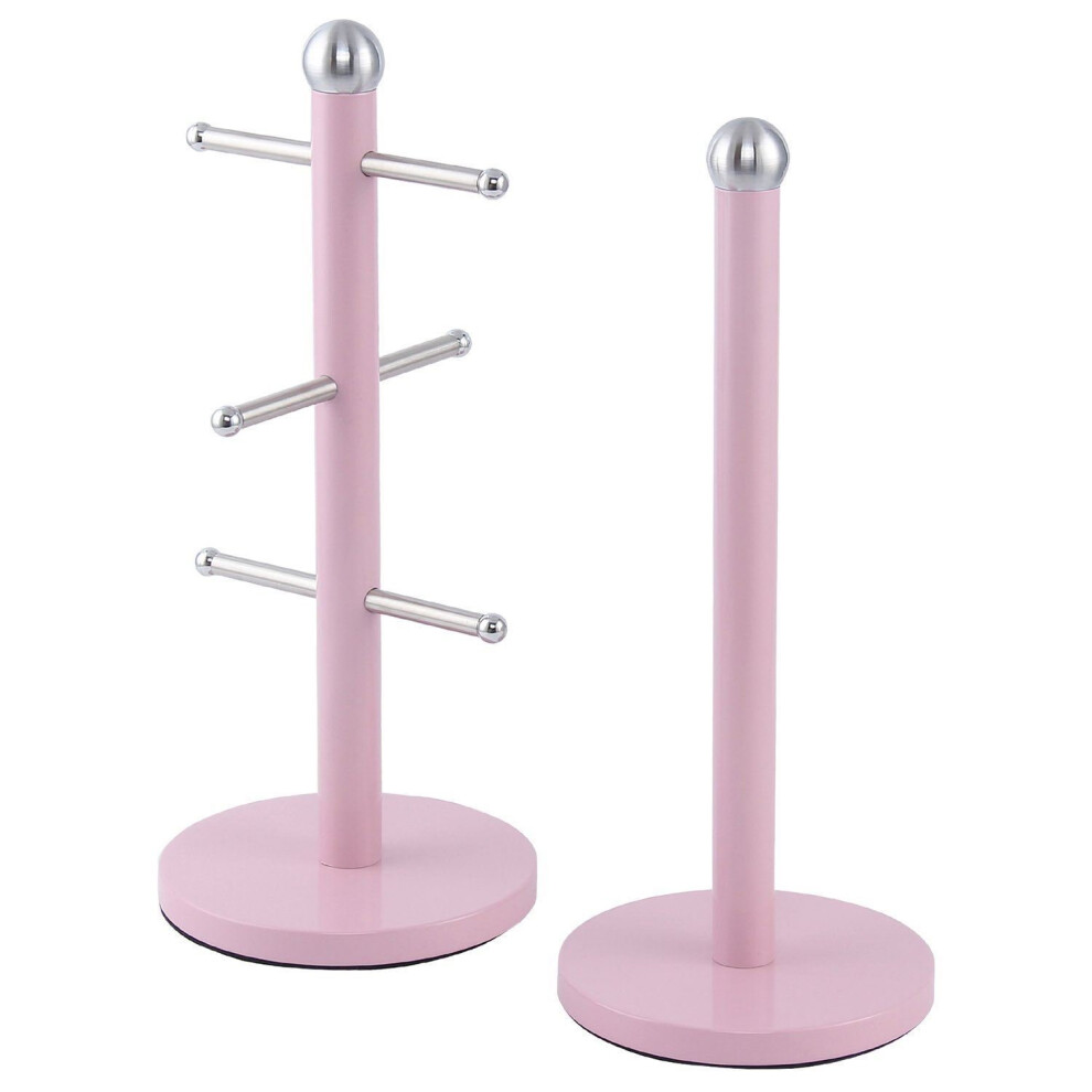 SQ Professional Mug Tree and Kitchen Roll Holder Stand Set - Pink