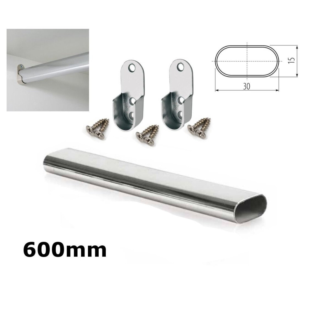 WARDROBE RAIL OVAL CHROME HANGING RAIL 600MM FREE END SUPPORTS & SCREW