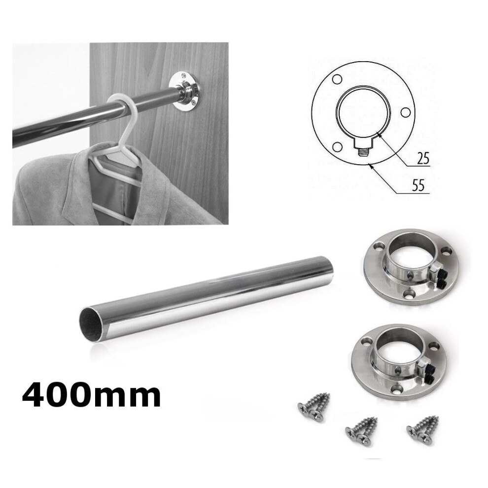 WARDROBE RAIL ROUND CHROME HANGING RAIL 400MM FREE END SUPPORTS & SCREW