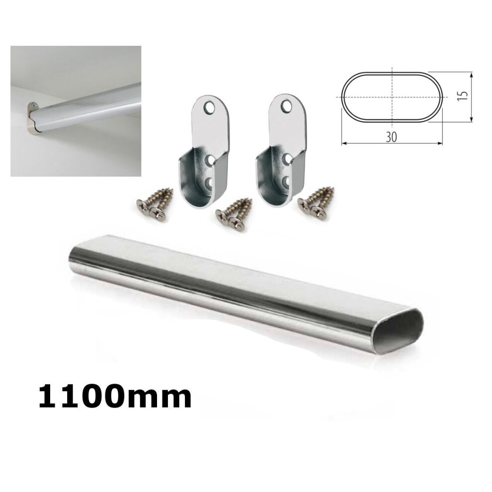 WARDROBE RAIL OVAL CHROME HANGING RAIL 1100MM FREE END SUPPORTS & SCREW