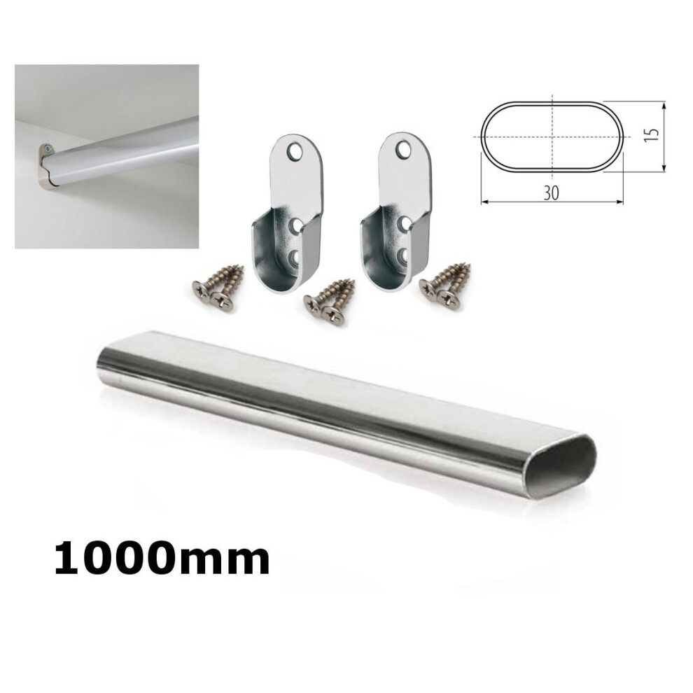 WARDROBE RAIL OVAL CHROME HANGING RAIL 1000MM FREE END SUPPORTS & SCREW