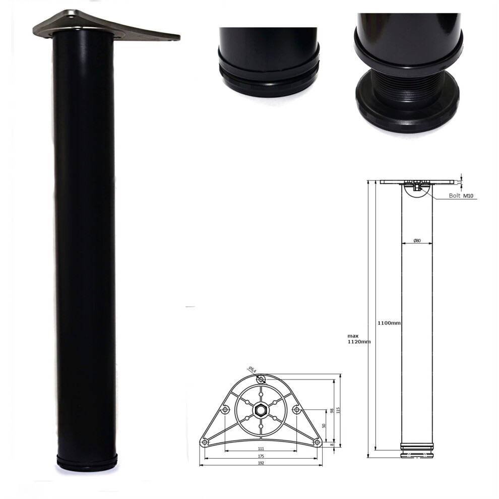 3 x 1100mm Adjustable Black Breakfast Bar Worktop Support Table Leg 80mm